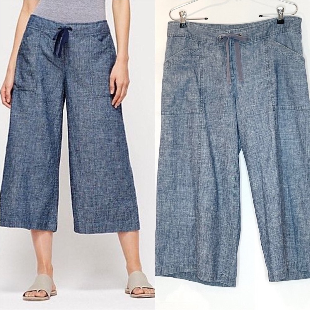 Eileen Fisher Chambray Culottes Cropped Pants Blue Drawstring
